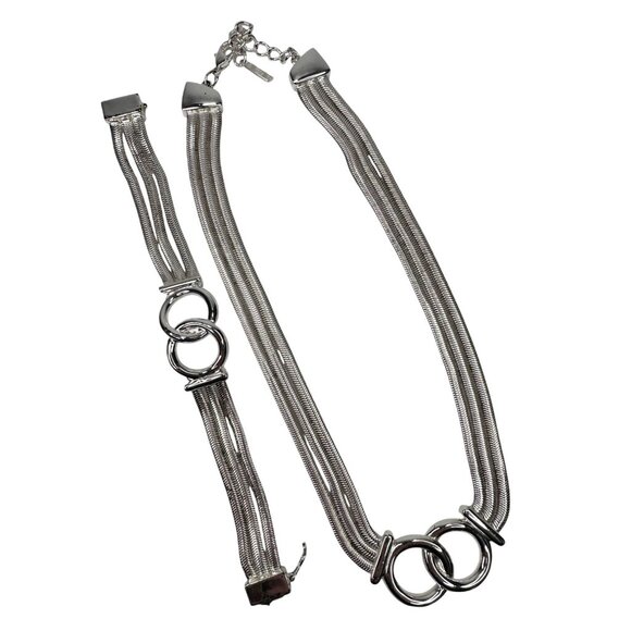 VTG NAPIER Necklace & Bracelet Set Silver Tone Interlocking Circles Snake Chain - Picture 1 of 14